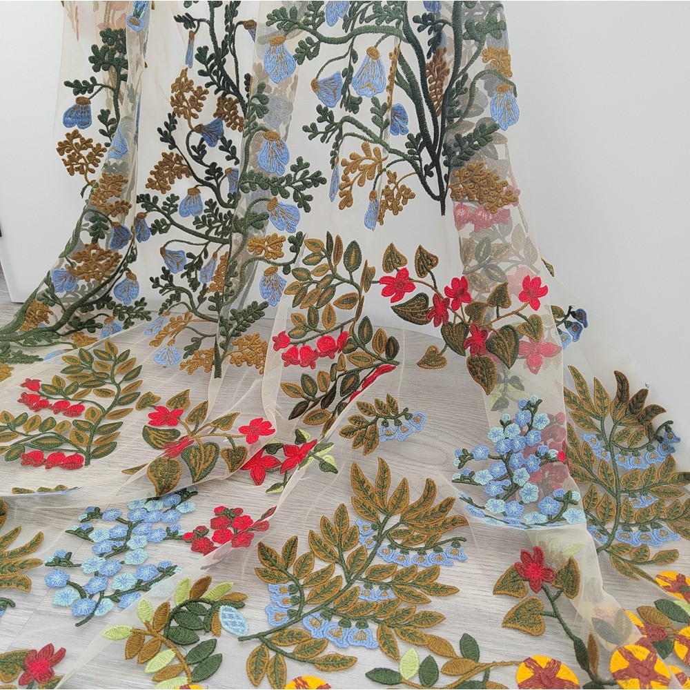 

Apricot full of lily of the valley embroidery lace soft gauze fabric for women's high-end dress fashion fabric