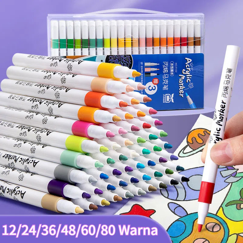 

New Acrylic Marker Set Spidol Akrilik DIY Painting 12/24/36/48/60/80 Warna Akrilik Marker Set Hightune Acrylic MarkerPremium