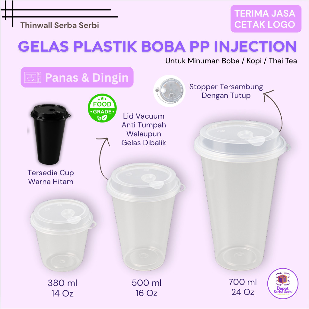 Gelas Plastik Boba PP Injection Tebal Food Grade 380ml 500ml 700ml – Cup Custom Logo UMKM Minuman