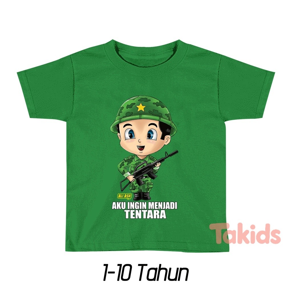 Kaos Anak Baju Anak Ali Ash Aku ingin menjadi Tentara Indonesia TNI prajurit Katun Combed 30s 1-10 T
