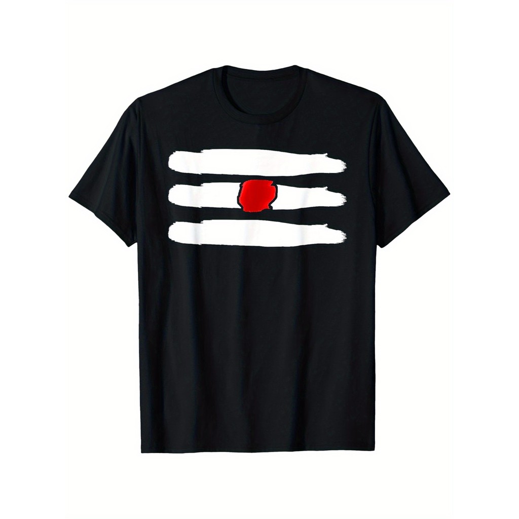Kaos Pria Motif Simbol Hindu Shiva Lingam - Sablon Garis Horizontal Putih Titik Merah Hitam, 100% Ka