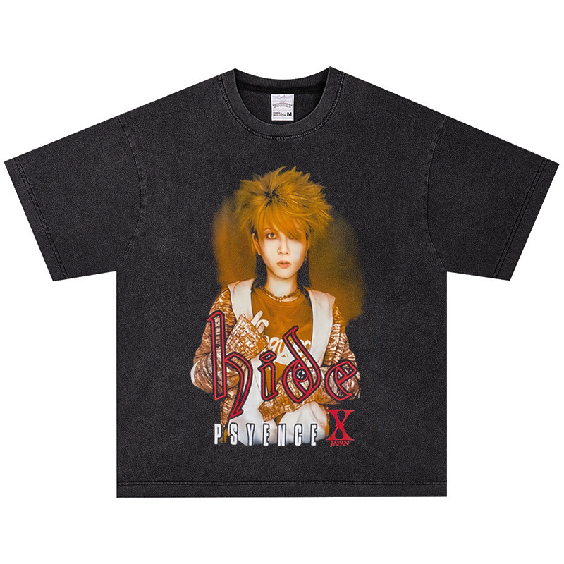 COD X-Japan Hide T-Shirt Potret Gitaris Band Rock Gaya Amerika Lengan Pendek Streetwear Atasan Leher