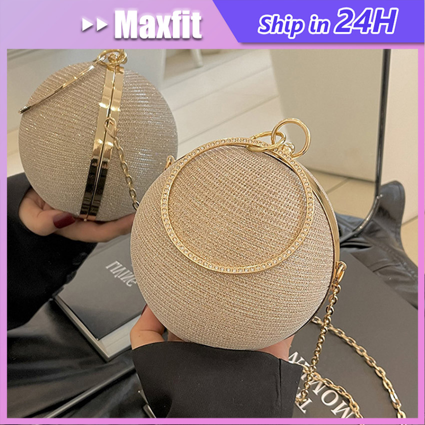 Tas Pesta Kondangan Wanita Import Mewah Kristal Glitter Kain Satin Lucu Bulat Wisuda / Clutch Party 