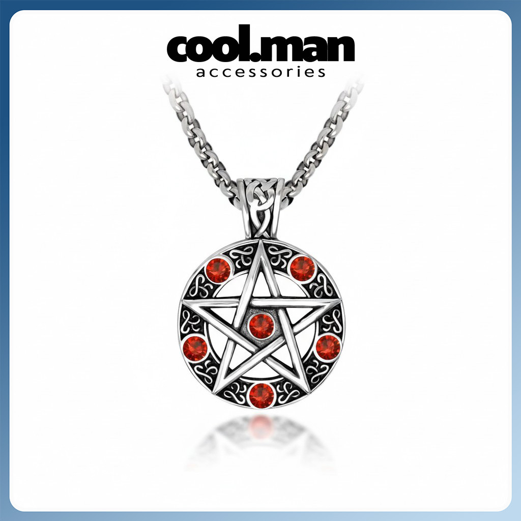 Kalung Pria Wanita Pentagram Gothic Stainless Steel – Liontin Bintang Lima Batu Merah Aksesoris Fash