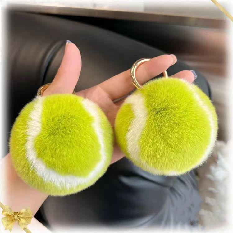 Bulu Kelinci Berang -berang Asli Tas Tennis Kecil Tas Gantung Racket Mobil Keychain Kunci Pink.