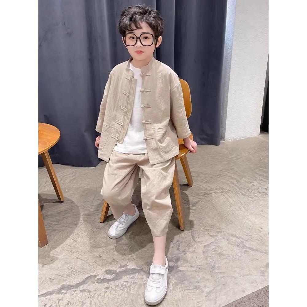 Anak laki-laki musim panas pakaian anak-anak besar Cina kapas kain lengan pendek celana bayi