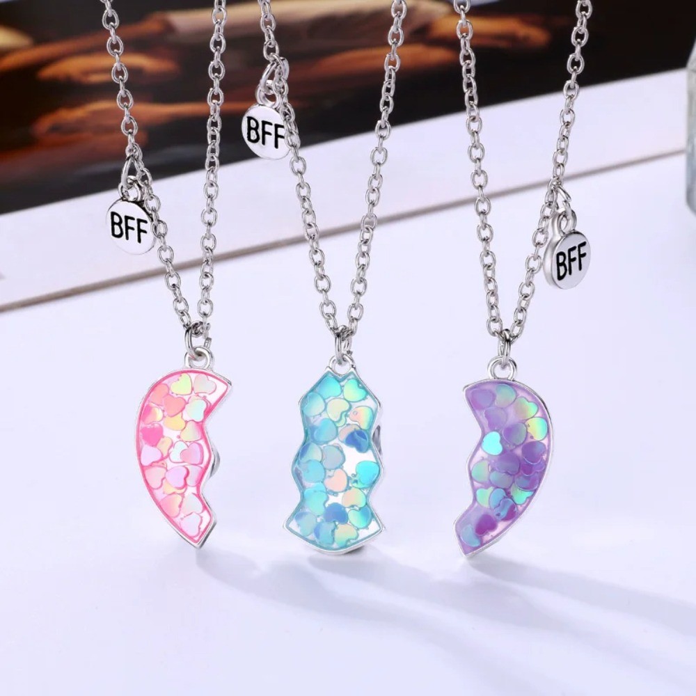 3Pcs Fashion Friendship Matching Heart Pendant Necklace Alloy Friendship Jewelry BFF Necklaces Cute 