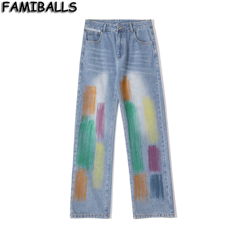 Famiballs Celana Jeans Grafiti Pria Musim Panas Celana Lurus Lebar