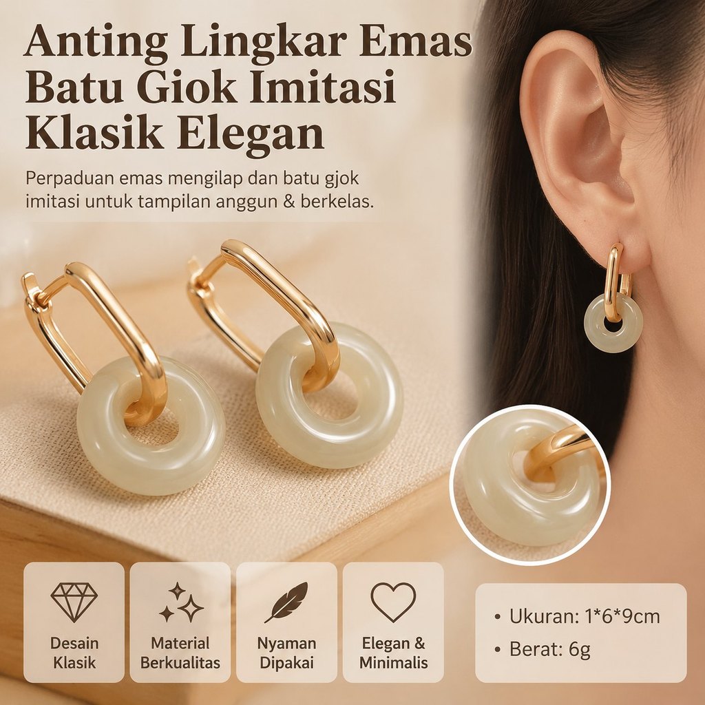 Anting Lingkar Emas Batu Giok Imitasi Desain Klasik Elegan Minimalis Nyaman Dipakai