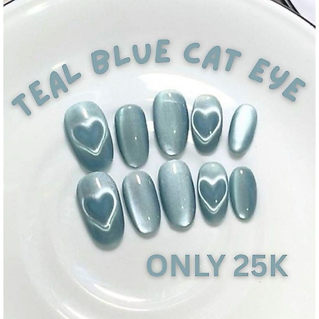 CAT EYE LOVE TEAL BLUE - Pres On Nail Size XS S M Press on nails fake nails 3d kuku palsu nail art c