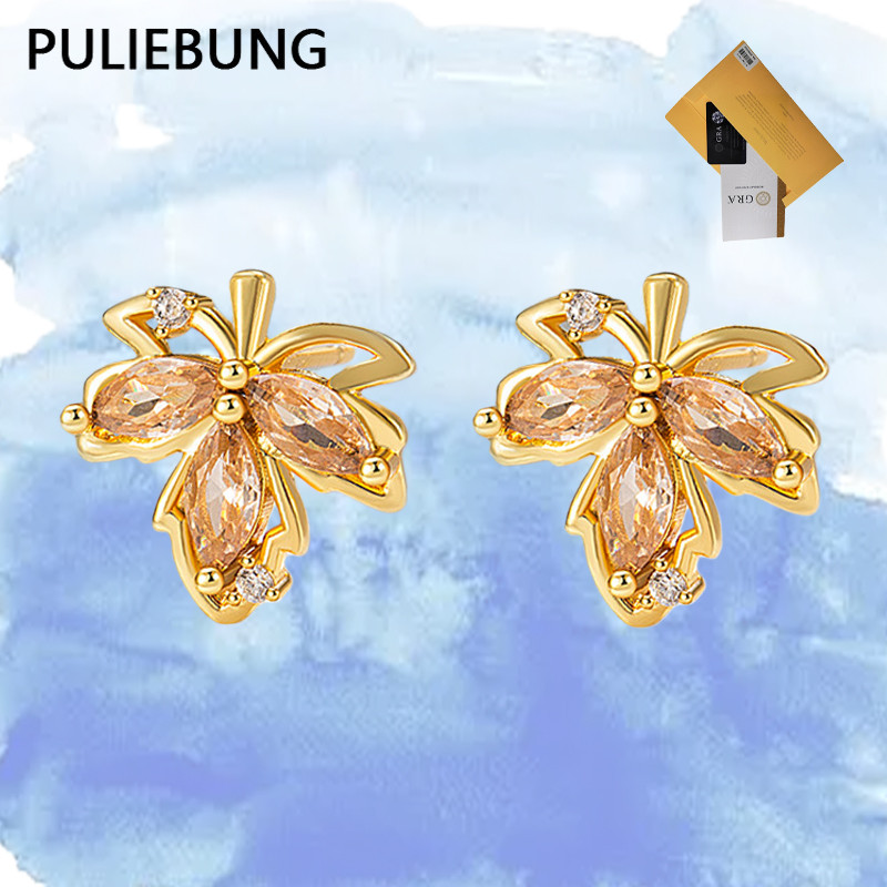 PULIEBUNG Anting Tusuk Daun Maple Moissanite Bertabur Mikro