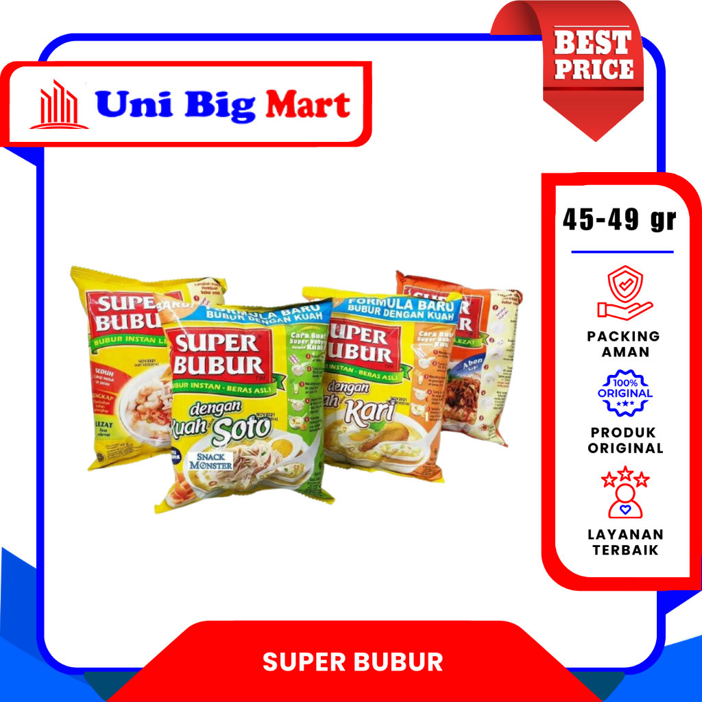 SUPER BUBUR INSTAN AYAM - ABON SAPI - KUAH SOTO - KUAH KARI - 45-49 gr