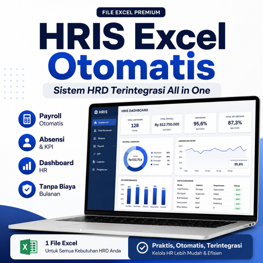 HRIS Excel Otomatis Lengkap | Payroll, Absensi, KPI & Dashboard HRD