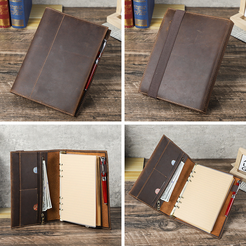 

A5 Genuine Leather Notebook Cover Vintage Crazy Horse Style 6-Ring Refillable Binder Handmade Cowhide Folio Organizer