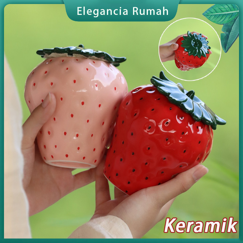 Toples Keramik Strawberry Penyimpanan Kedap Udara Toples Permen Tempat Penyimpanan Minimalis Korea U
