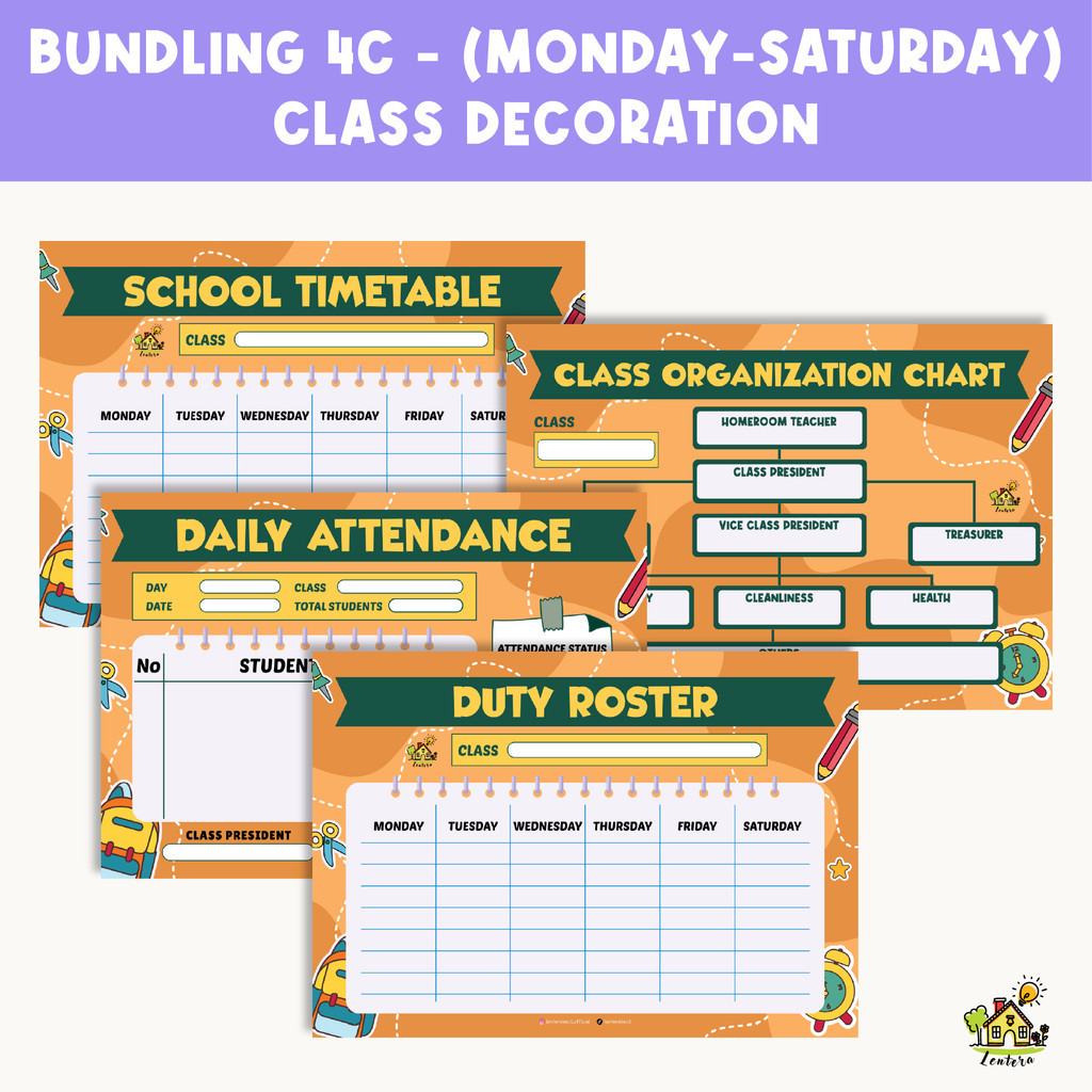 

BUNDLING Package (MONDAY–SATURDAY) 4pcs Posters – Class Schedule, Class Structure, Duty Roster, School Attendance | School Timetable Wipe and Clean | Classroom Decoration Wall Display Teaching Aids for Elementary, Junior High, and Senior High School