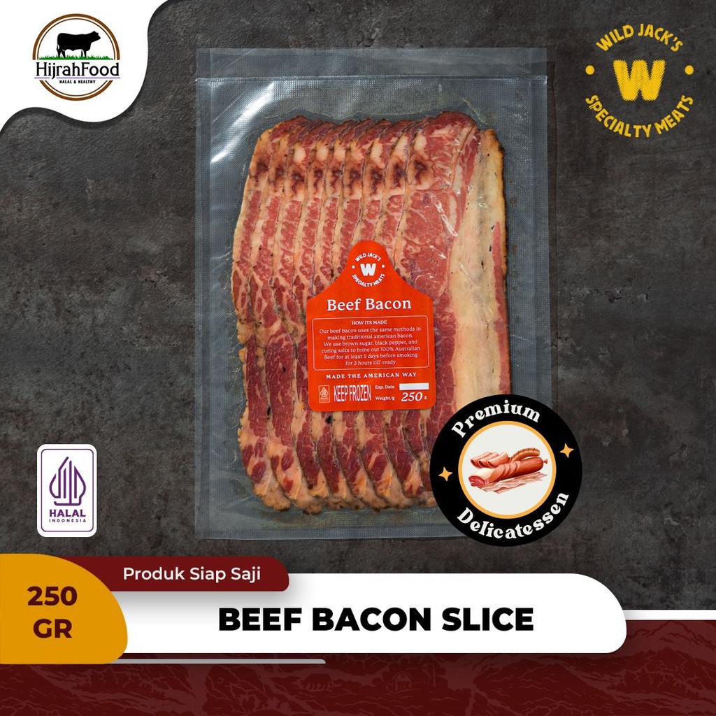 

Wild Jack's Premium Beef Bacon Slice | Daging Sapi Bacon Asap Delicatessen - 250 gram