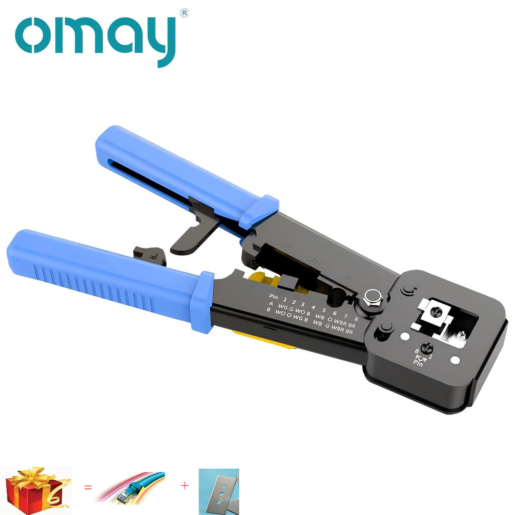 OMAY RJ45 RJ11 Crimp Tool Pass Through Cat5 Cat5e Cat6 Crimper Cutter Stripper for  RJ12 8P 6P End P