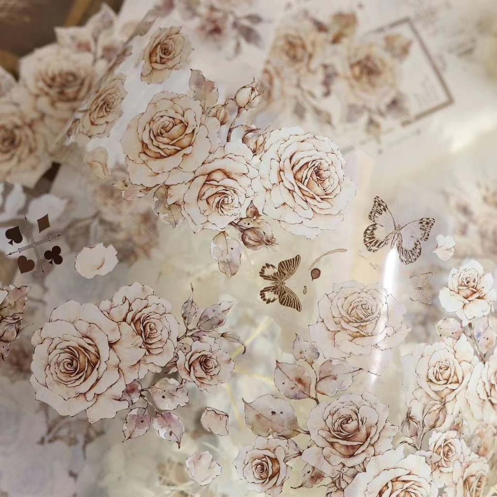 

Vintage Gentle Under the Moon Pin Rose Floral Washi PET Tape for Card Making DIY Scrapbooking Plan Decorative Sticker