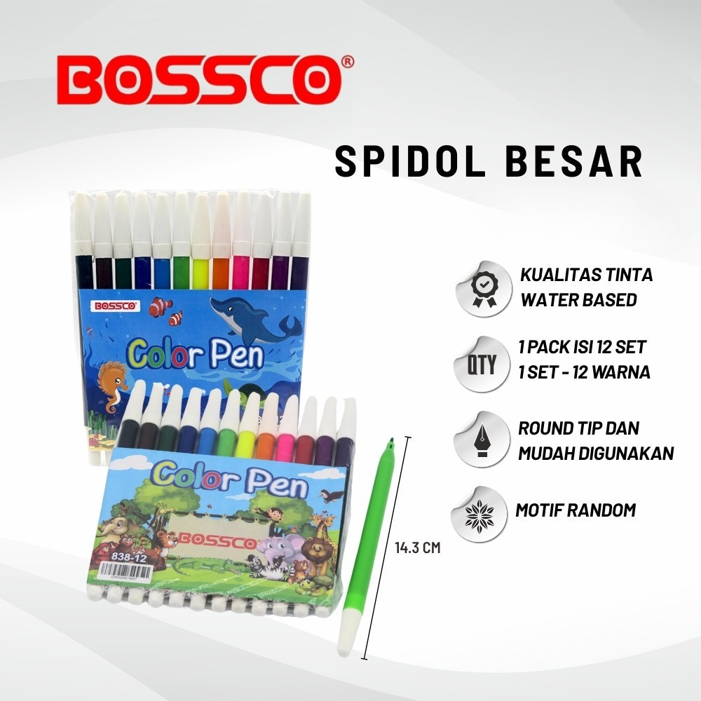 

(1 GROSS) Spidol BOSSCO 12 WARNA BESAR 838/ Spidol 12 warna BOSSCO 838/ BOSSCO pw 12 warna BESAR