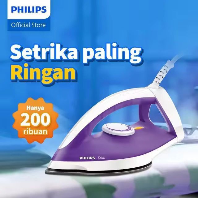 Philips Setrika Kering Diva GC122/37 Ungu - Setrikaan promo murah, Tapak Strika Anti Lengket, Tahan 