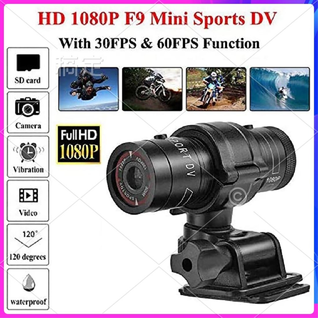 F9 Mini Sports Camera 1080P Outdoor Riding Motorcycle Helmet Sports DV Camera Video Waterproof Bicyc