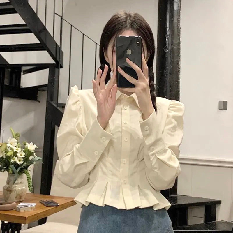 SAXCSHOP [RENE]Blouse kemeja Korean Style putih wanita lengan panjang