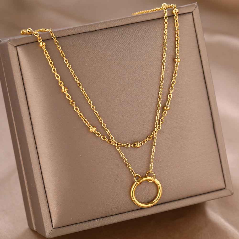 Stainless Steel Necklaces Trending Products Circle Pendant Bead Layer Chain Light Luxury Choker Fine