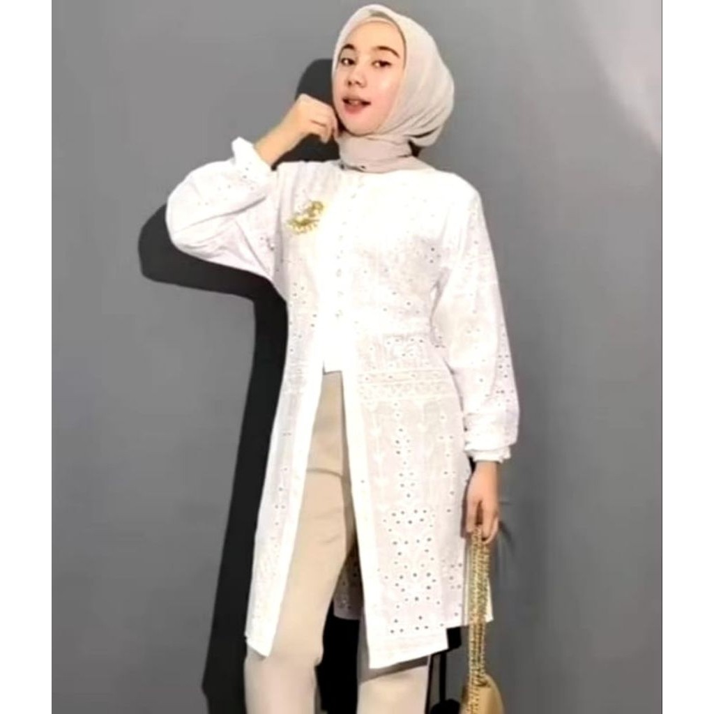 Tunik Katun Cotton Bolong Wanita Bordir Premium Jumbo Hitam Putih Tunic Kondangan Elegan