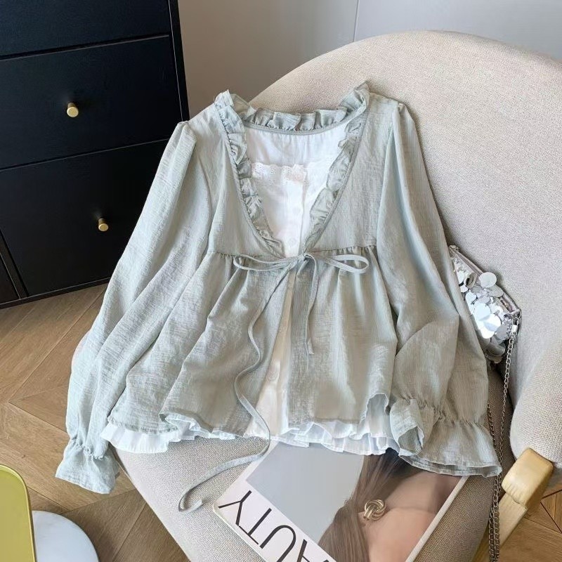 Kemeja lengan panjang wanita, gaya Korea longgar ruffle longgar kemeja lengan panjang blus