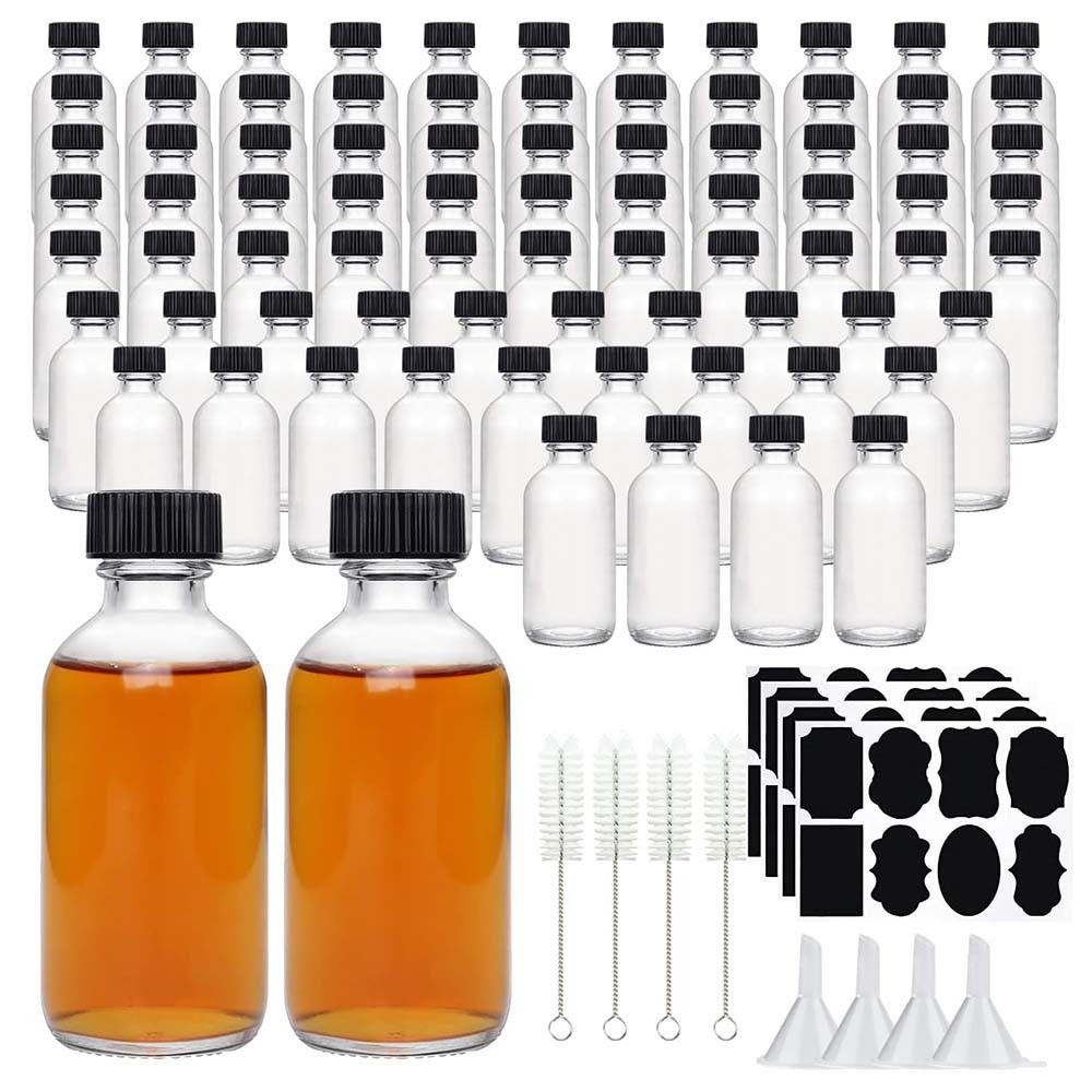 2oz Small Clear Glass Bottles with Lids Glass Containers Round Sample Bottles for Juice, Oils, Ginge