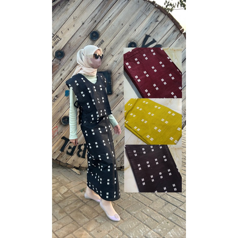 SAXCSHOP baju vest rompi outer dan rok lilit jumputan motif 1set