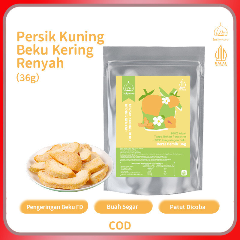 [Luckymore] HALAL Persik Kuning Beku Kering Renyah 36gr, Keripik Buah, Cemilan Sehat, Buah Peach, Cr