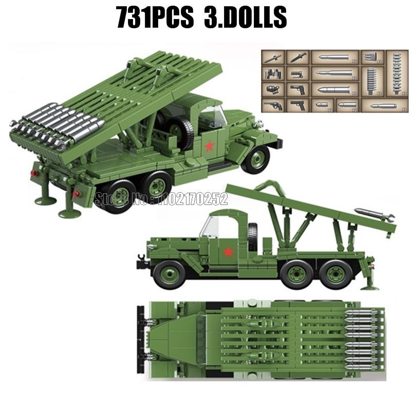 731pcs Military Ww2 Bm-13 Katyusha Rocket Artillery Army Soviet 3 Solders Boy Buig Blocks Toy