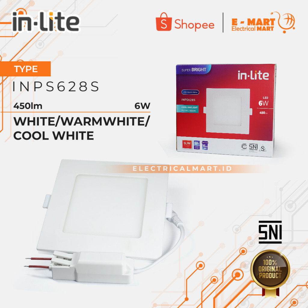 In-Lite Lampu Plafon Downlight Panel LED IB 6w Kotak Bulat Putih Kuning inLite Downlight