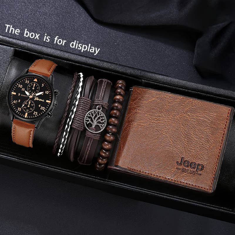 6Pcs Dompet Pria + Jam Tangan + Gelang Set Set Hadiah Pria Elegan Set Aksesoris Indah(Tanpa Kotak)