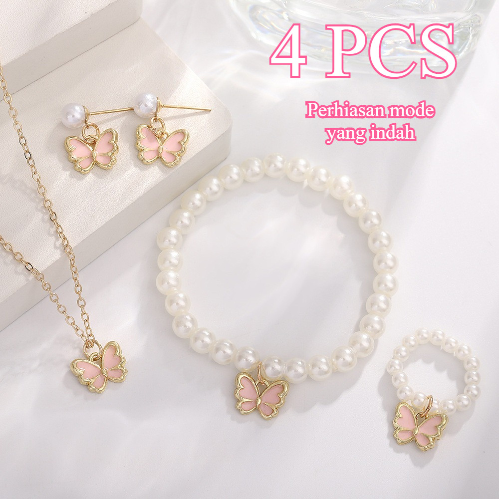  4 PCS/Set Perhiasan Mutiara Asli / Titanium Mewah Motif Kupu-Kupu / Aksesoris Perhiasan Set Fashio