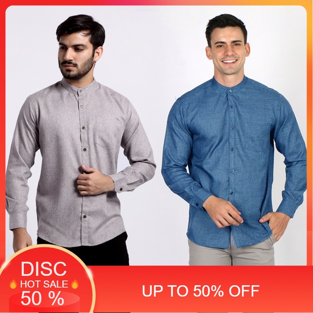 Casella Kemeja Pria Lengan Panjang Kerah Shanghai Polos | Kemeja Koko Two Tone