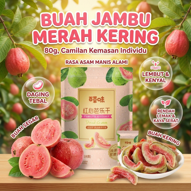 Manisan Jambu Biji Merah Asli/Manisan Jambu Biji Merah 80g Camilan Buah Kering Makanan Ringan Kemasa