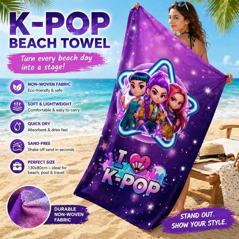 I Love K-Pop Beach Towel Purple Cartoon Idol Girls Flat Print Soft Bath Towel for Summer Travel Swim