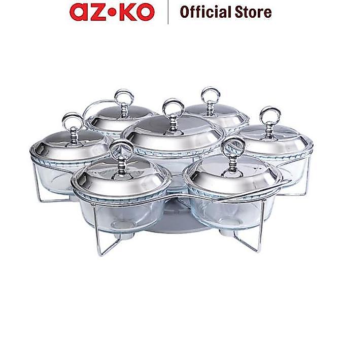 (Best) AZKO Culinart Set 7 Pcs Nerinko Penghangat Makanan Putar - Silver Food Warmer Penghangat Saji