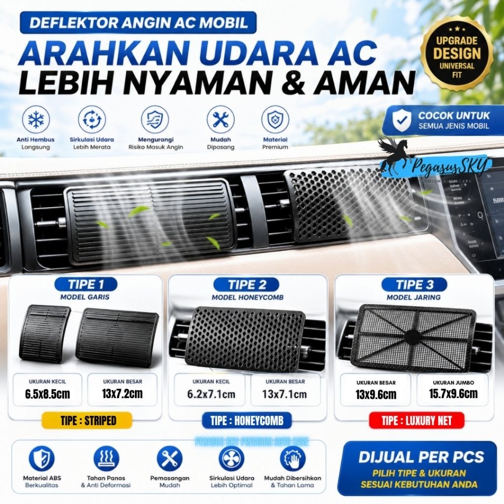 PEGASUS SKY PREMIUM Deflektor AC Mobil Universal | Pengarah Angin AC Anti Hembus Langsung | Air Cond