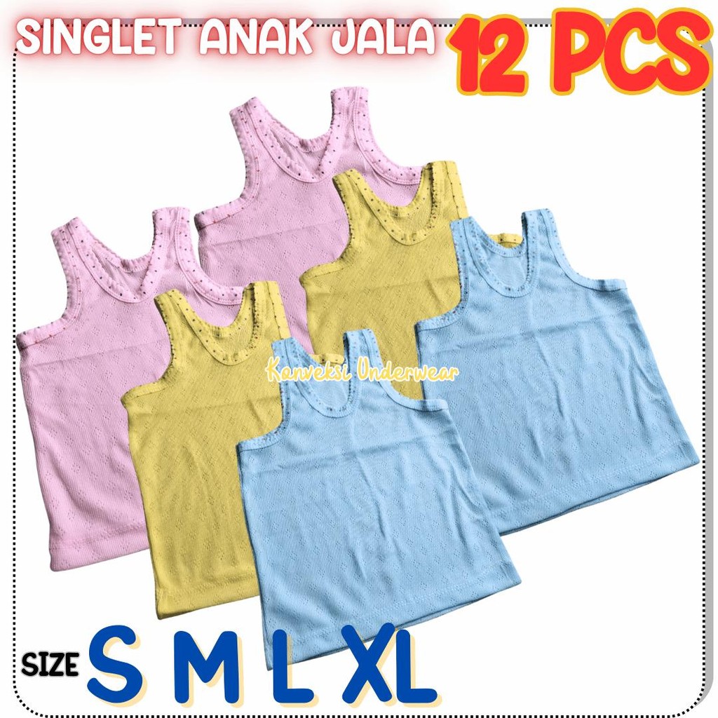 Best Seller 12 PCS Singlet Anak Balita Kaos Dalam Anak Bayi Motif Jala Bolong