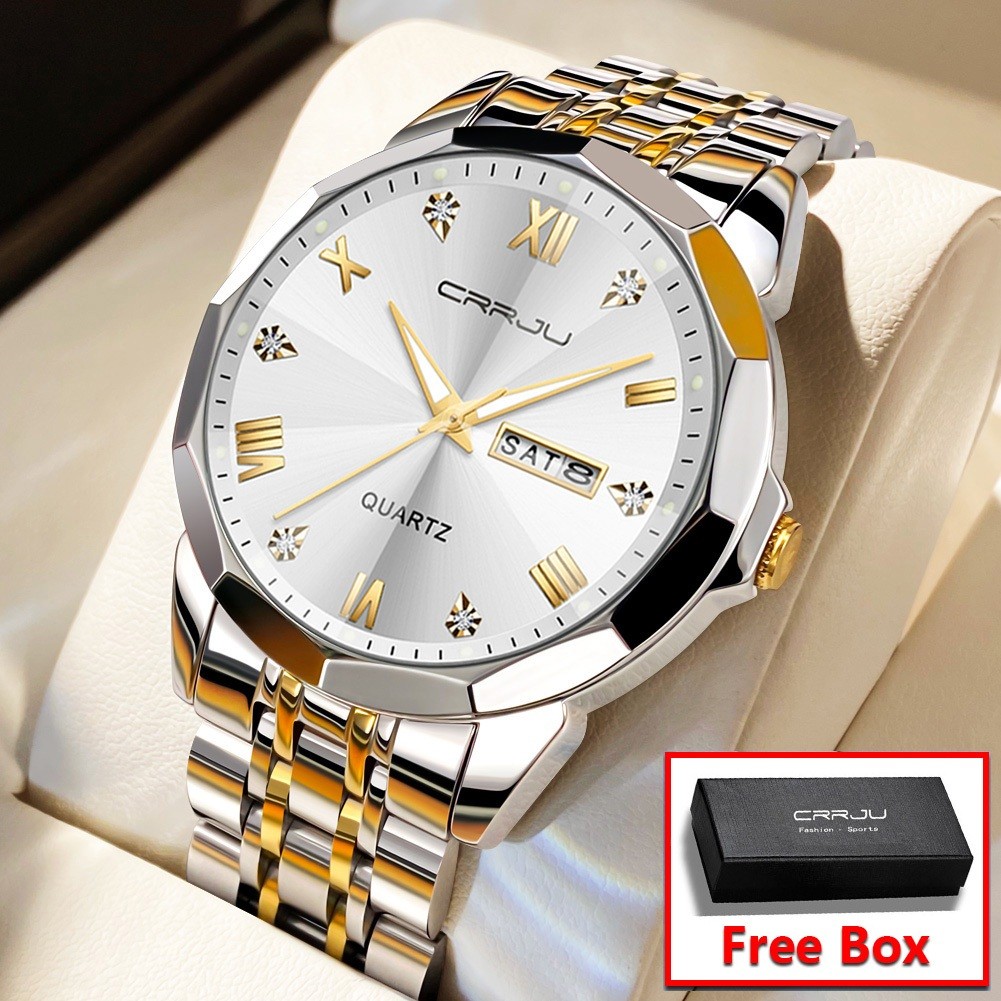 CRRJU Jam Tangan Pria Anti Air Original Cowok Kalender Bercahaya Analog Luminous Stainless Steel Men