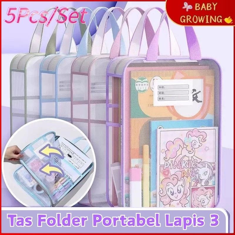 

【Local Delivery 】Mesh Zipper Bag Transparent Document Bag Storage School Stationary Folder Pouch Office Desain Bukaan Besar Berbentuk L Jala Tebal Berkapasitas Besar 3 Lapis 5pcs/set Tas Klasifikasi Buku
