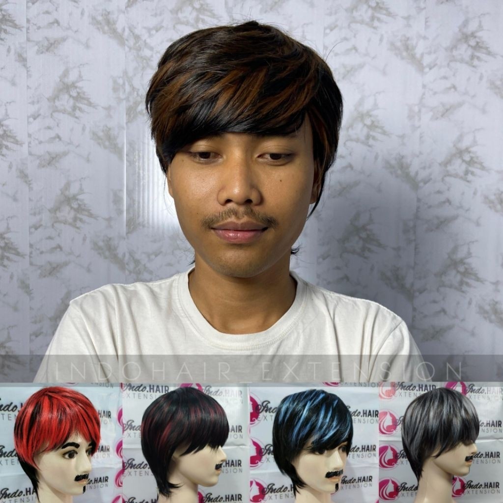 WIG PRIA KOREA RAMBUT PENDEK MODEL HIGHLIGHT HITAM MERAH BIRU PUTIH BLONDE GREY