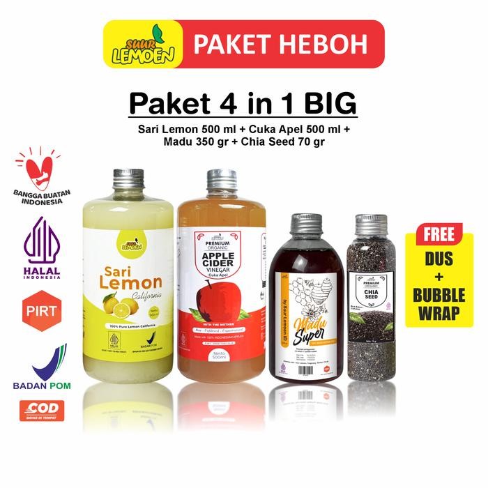 

SUUR LEMOEN Paket 4 in 1 Cuka Apel 500ml Sari Lemon 500ml Madu Hutan Chia Seeds - 4in1 BIG