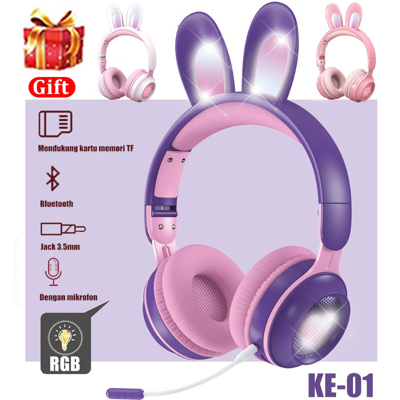 Baru Nirkabel Headphone RGB Telinga Headset Kelinci Lucu Headphone Mic Gadis Lucu Musik Headphone Bl
