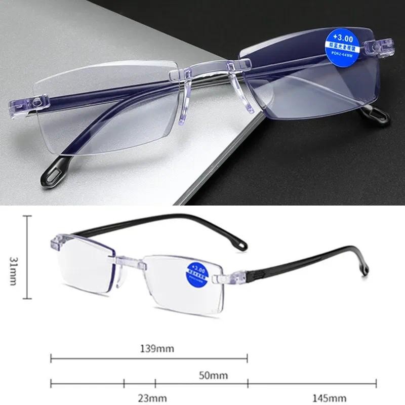 2024 New Men Women Rimless Reading Glasses Anti Blue Light Bifocal Far Near Magnification Eyewear Pr