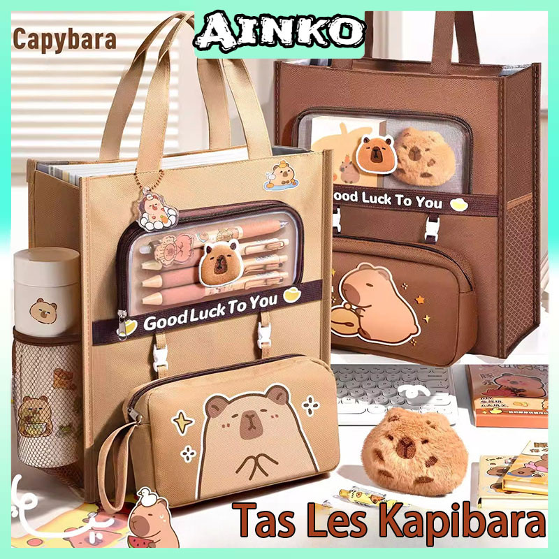 Kapibara Tas Les Kapasitas Besar Tas Bahu Buku Siswa Tas Jinjing Tas Dokumen Kanvas Tahan Air Tebal